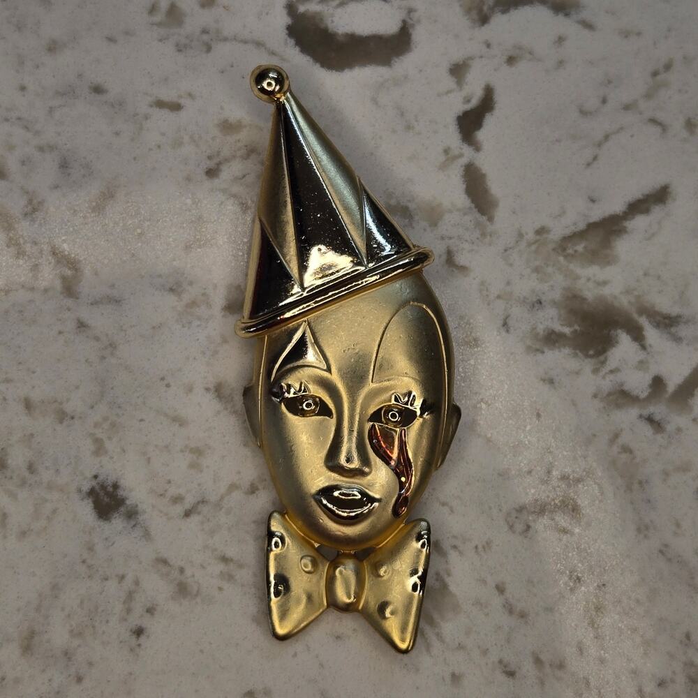 Vintage 1980s Pierrot Sad Clown Brooch, Art Deco Revival Teardrop
